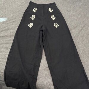 Black Wide Leg Pants with Embroidered Accents